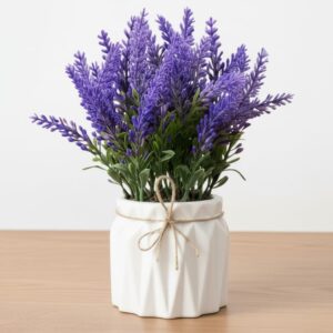 Dekorly Artificial Lavender Plant in White Pot, 18cm – Realistic Faux Flower Arrangement for Home & Office Décor (Set of 1) (1, White Color Pot)
